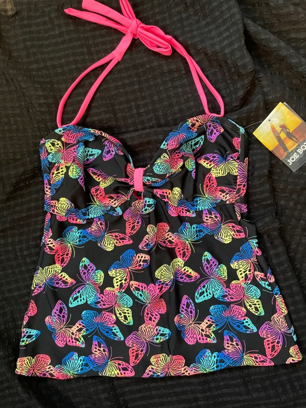 ❤️NWT Joe Boxer Black Swim Top with Neon Butterfly Halter JUNIOR Medium